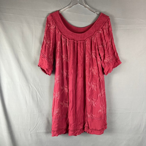 Knox Rose Dresses & Skirts - Knox Rose Mini Dress Womens L Red Eyelet Floral Embroidered Smocked Minimalist